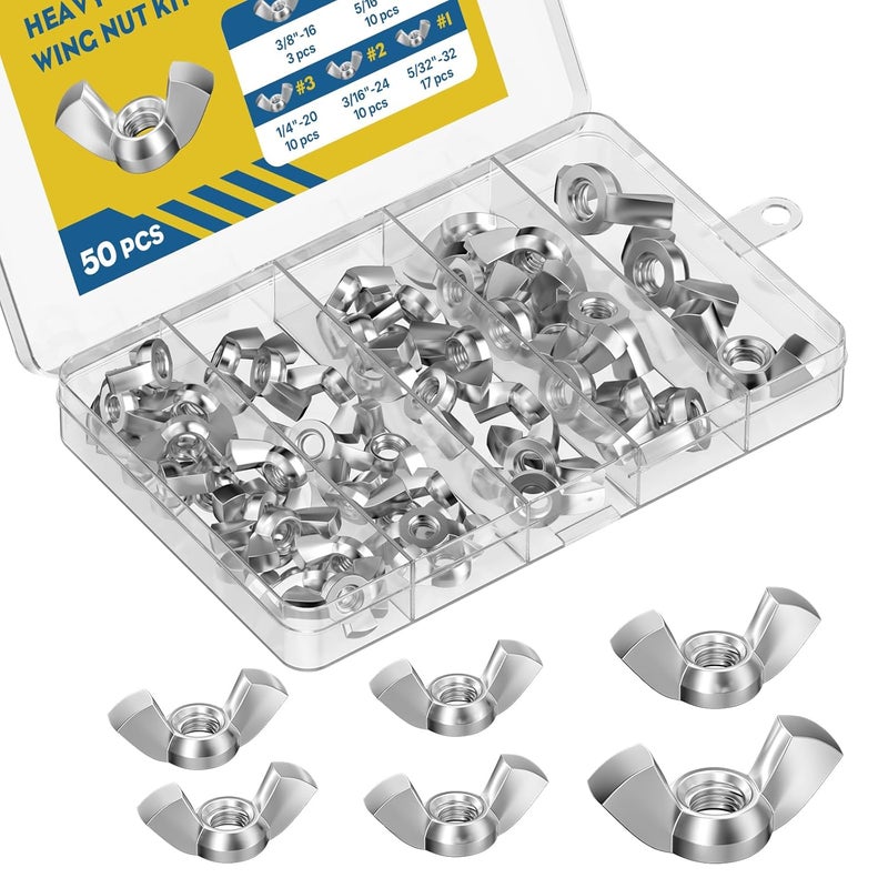 Vibit 50 Pcs Wing Nuts, 5 Sizes, 5/32"-32, 3/16"-24, 1/4"-20, 5/16"-18, 3/8"-16, Carbon Steel Zinc Plated Butterfly Nuts Assortment Kit, Hand Twist Tighten Hardware Nuts Wingnuts Fasteners Parts - Image 1